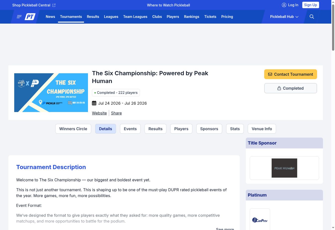 Preview of The Six Championship event page on Pickleball Tournaments