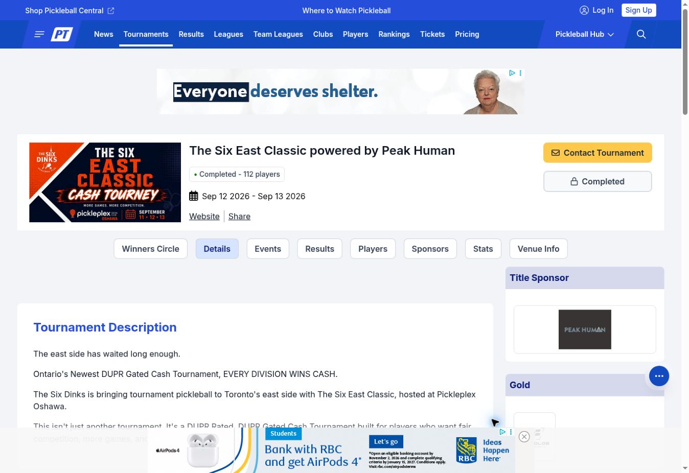 Preview of The Six East Classic event page on Pickleball Tournaments