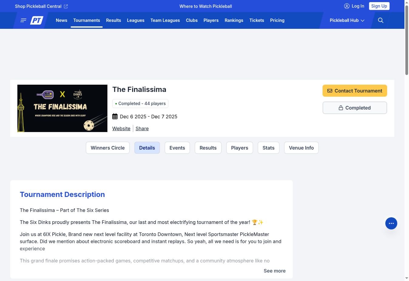 Preview of The Finalissima event page on Pickleball Tournaments