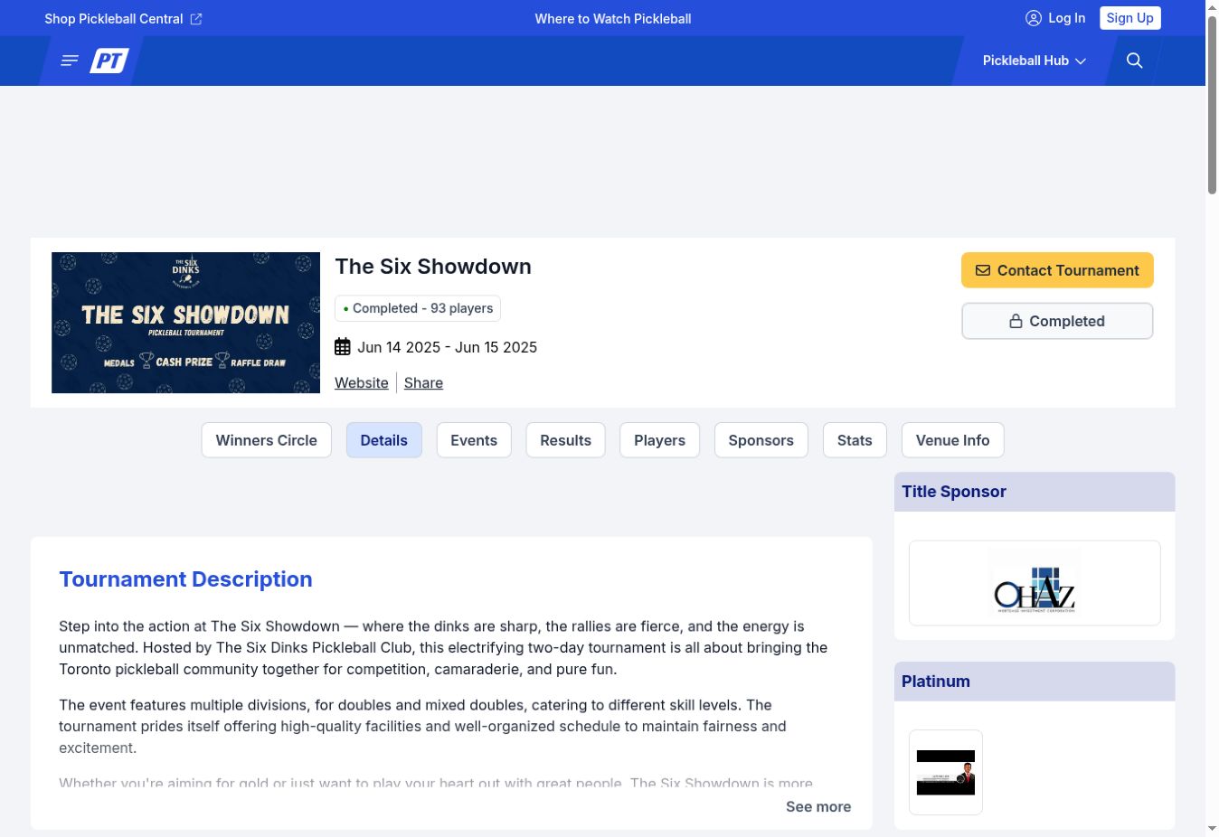 Preview of The Six Showdown event page on Pickleball Tournaments